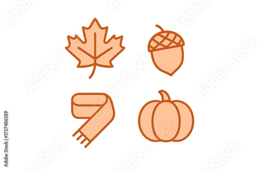 Autumn symbols featuring a leaf, acorn, scarf, and pumpkin in warm colors for seasonal decor
