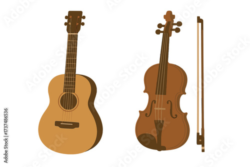 Guitar and violin displayed side by side in a simple design showcasing musical instruments and their features