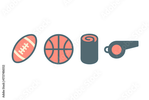 Sports gear featuring a rugby ball, basketball, yoga mat, and referee whistle in simple design