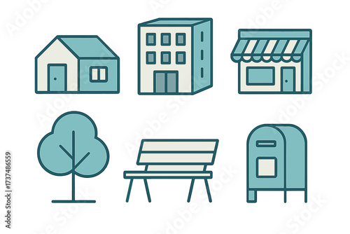 Icons representing a suburban neighborhood with homes, a park bench, and a mailbox