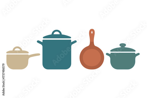 Kitchen cookware illustrated in a simple design with pots and pans shown in various colors