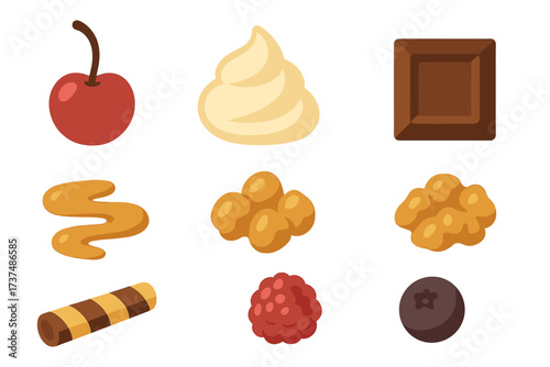 Sweet and colorful dessert toppings display in a playful style featuring various treats and flavors