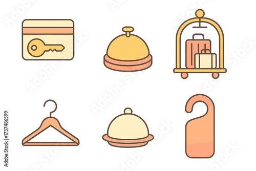 Hotel amenities and services icons including key, bell, luggage cart, hanger, and do not disturb sign