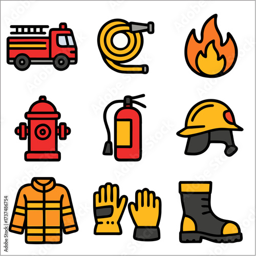 Flat Icon Set, Firefighting Equipment & Emergency Symbols