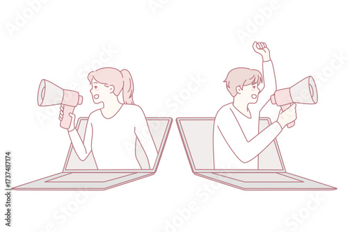 People with megaphones screaming about promotion or discount deal from laptops. Man and woman with loudspeakers promote sale or campaign. Vector illustration.