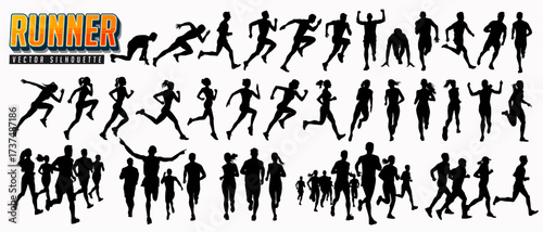 Silhouette of man and woman runner, running people, jogging couple, athlete and young active sports person symbolizing marathon, training activity, fitness exercise or healthy lifestyle. Sprinter icon