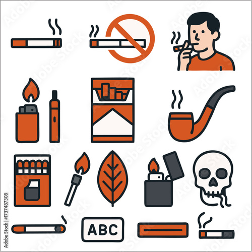 Flat Icon Set, Smoking, Tobacco & Anti-Smoking Awareness Symbols
