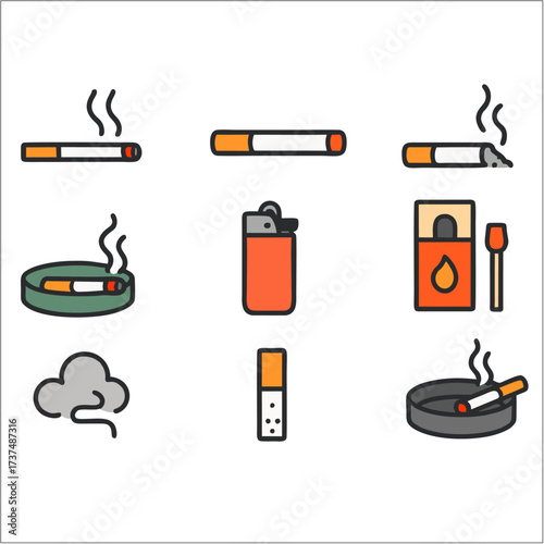 Flat Icon Set, Smoking, Tobacco & Anti-Smoking Awareness Symbols