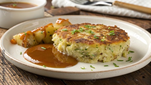 Savoring traditional bubble and squeak with rich gravy and roasted vegetables on a rustic wooden table