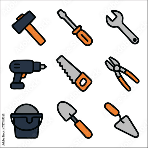 Flat Icon Set, Construction Workers, Safety Gear & Hand Tools Symbols