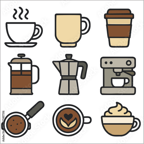 Flat Icon Set, Coffee Shop, Café & Barista Symbols