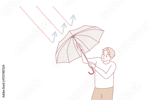 Confident businessman holding umbrella protect from red arrows. Business man recover from economic recession and crisis. Flat vector illustration.