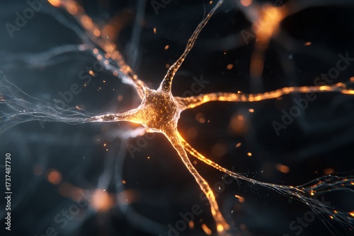 Close-up glowing neuron cell showing neural connections and brain network