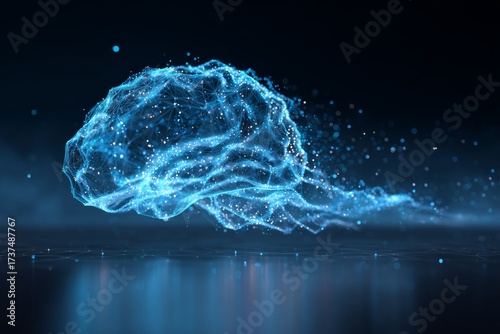 Futuristic abstract glowing brain formed of neural waves and luminous particles in sci-fi style