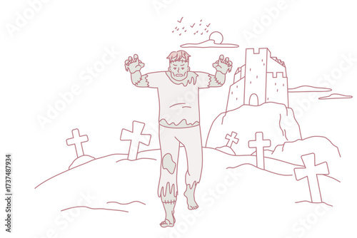 Scary dead walking through cemetery. Frankenstein going scaring terrifying city. Flat vector illustration.