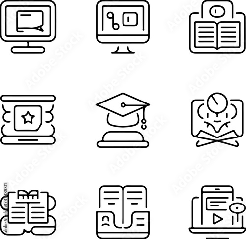 Online learning icons representing education, knowledge, and digital courses