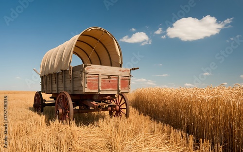 Antique wooden covered wagon resting in a golden wheat field under a blue sky