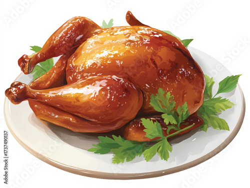 Roasted chicken on a white plate garnished with fresh parsley ideal for holiday meals and special occasions