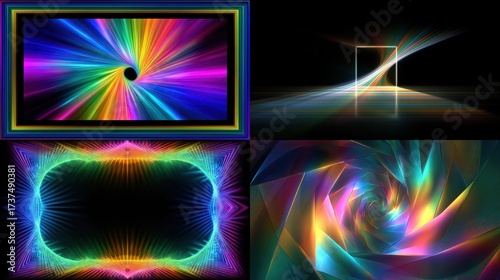 Four vibrant, abstract digital art compositions showcasing colorful light displays and geometric patterns