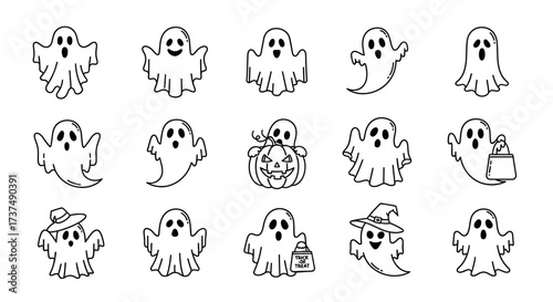 A whimsical collection of charming ghost illustrations, perfect for Halloween decorations, invitations, and festive designs