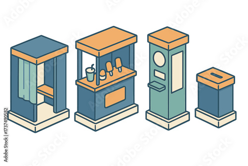 Isometric collection of public service kiosks, entertainment booths, and vending machines