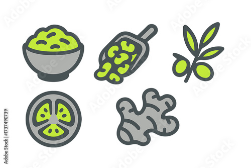Colorful display of fresh ingredients including olives, ginger, green beans, and lime on a clean background