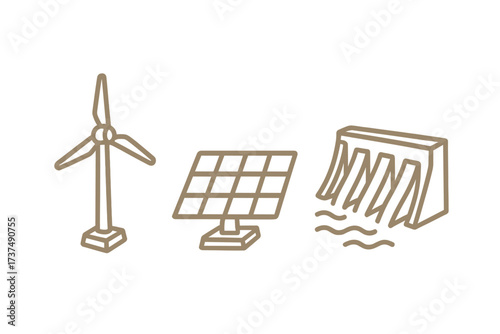 Renewable energy symbols representing wind, solar, and hydroelectric power sources in a simple design