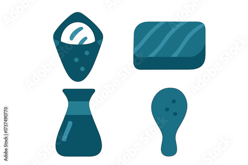 Collection of simple kitchen items, including a bowl, soap, bottle, and spoon in teal color