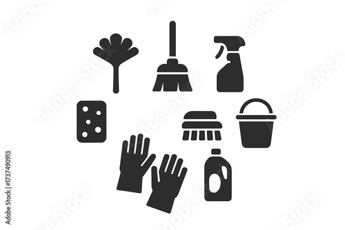 Cleaning tools and supplies arranged in a circular layout for efficient home cleaning and organization tasks