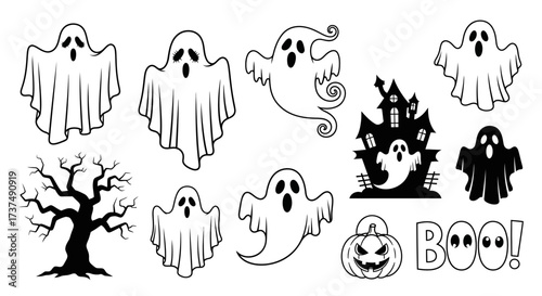 Spooky Halloween Illustration Collection Ghosts, Haunted House, Tree, Pumpkin, and BOO! Decorations in a Simple Black and White Style