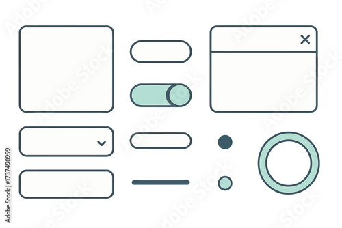 User interface elements for web and mobile design showing buttons, sliders, and checkboxes