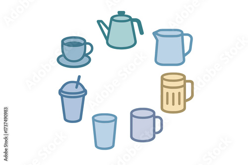Different types of beverages arranged in a circular pattern showcasing a variety of drink containers