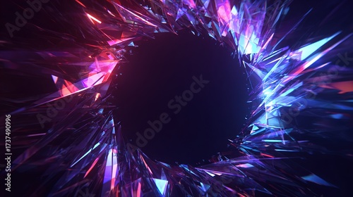 A central black void is surrounded by a ring of jagged, translucent crystalline shards, illuminated by vibrant pinks and blues