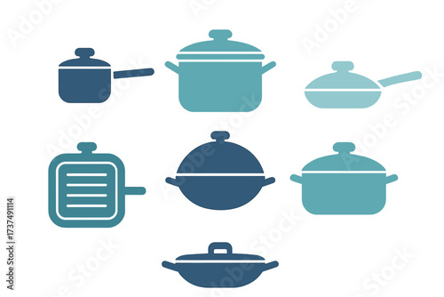 Diverse set of cooking pots and pans in various shapes and sizes for kitchen use
