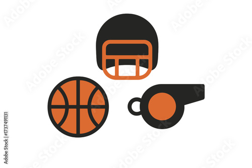 Sports equipment and symbols representing basketball, referee actions, and team spirit