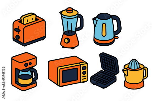 Colorful kitchen appliances set featuring a toaster, blender, kettle, coffee maker, microwave, and waffle maker