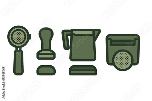 Coffee brewing tools including a tamper, pitcher, and filter in green