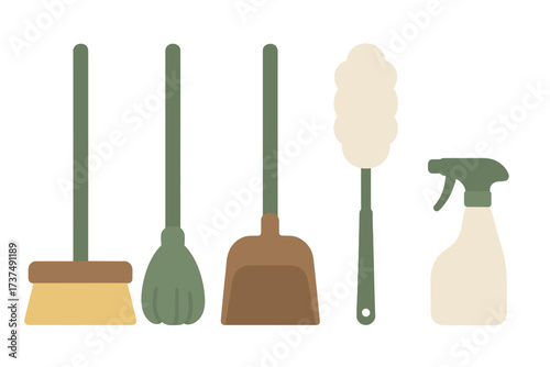 Cleaning tools arranged for a tidy home with broom, dustpan, duster, and spray