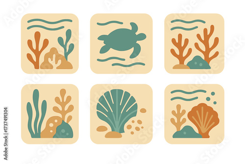 Fun marine life illustrations showing sea turtles and colorful coral reefs in a playful design