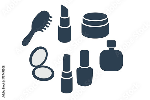 Variety of beauty products including lipsticks, nail polish, and skincare items arranged creatively on a surface