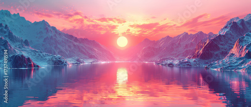 Surreal spheres on serene fantastic landscape with water reflection in futuristic style at sunset with pastel colors. 3d render. Copy space.