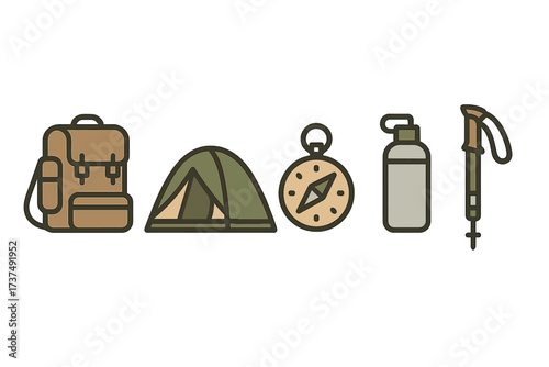 Essentials for outdoor adventures including camping gear and navigation tools