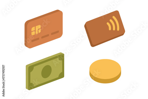 Digital payment methods including credit card, contactless card, cash, and coin shown in flat design