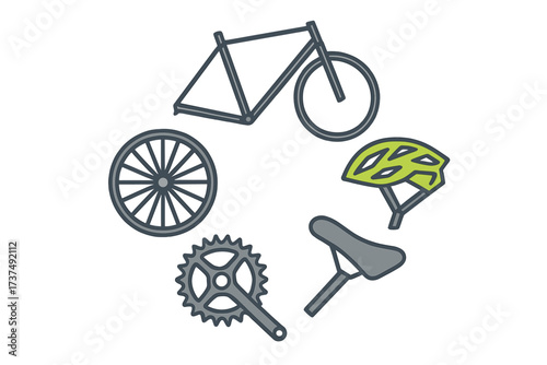 Various bicycle parts including wheels, helmet, saddle, and gear in a circular arrangement surrounded by white background