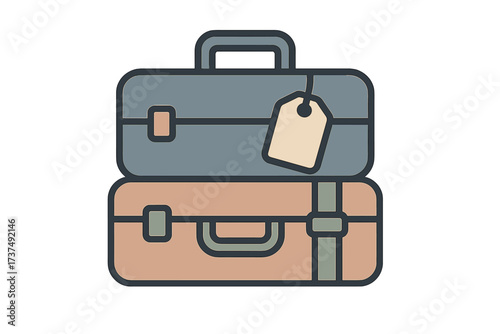Travel bags stacked with tags ready for an adventure or vacation journey on a bright and simple background