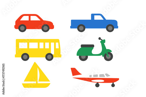 Various modes of transportation including car, truck, bus, scooter, boat, and airplane displayed in colorful illustrations