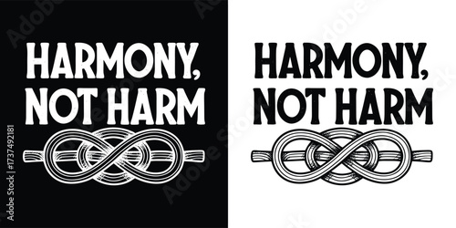 Harmony not harm text with a knot symbol, presented in both black and white versions, symbolizing peace and unity
