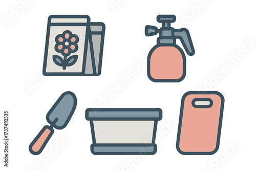 Gardening tools and supplies for plant care and outdoor activities in springtime