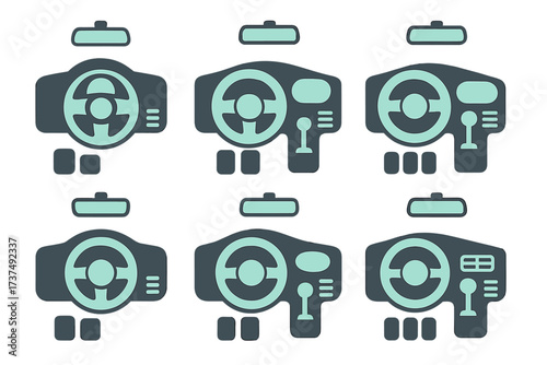 Different styles of car dashboards featuring steering wheels, controls, and displays for various vehicle designs and functionalities