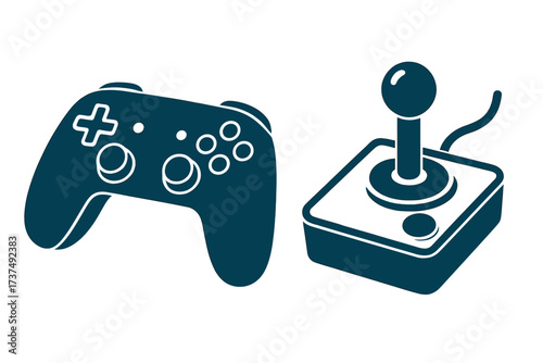 Different types of gaming controllers show evolution of video game play over time in nostalgic design